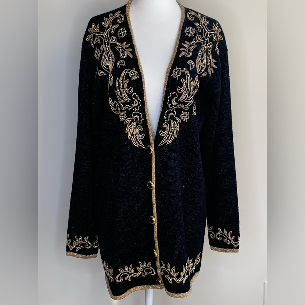 BN4 Jaclyn‎ Smith Gold Embroidered Faux Pearl Cardigan Festive Glitter Sweater M
